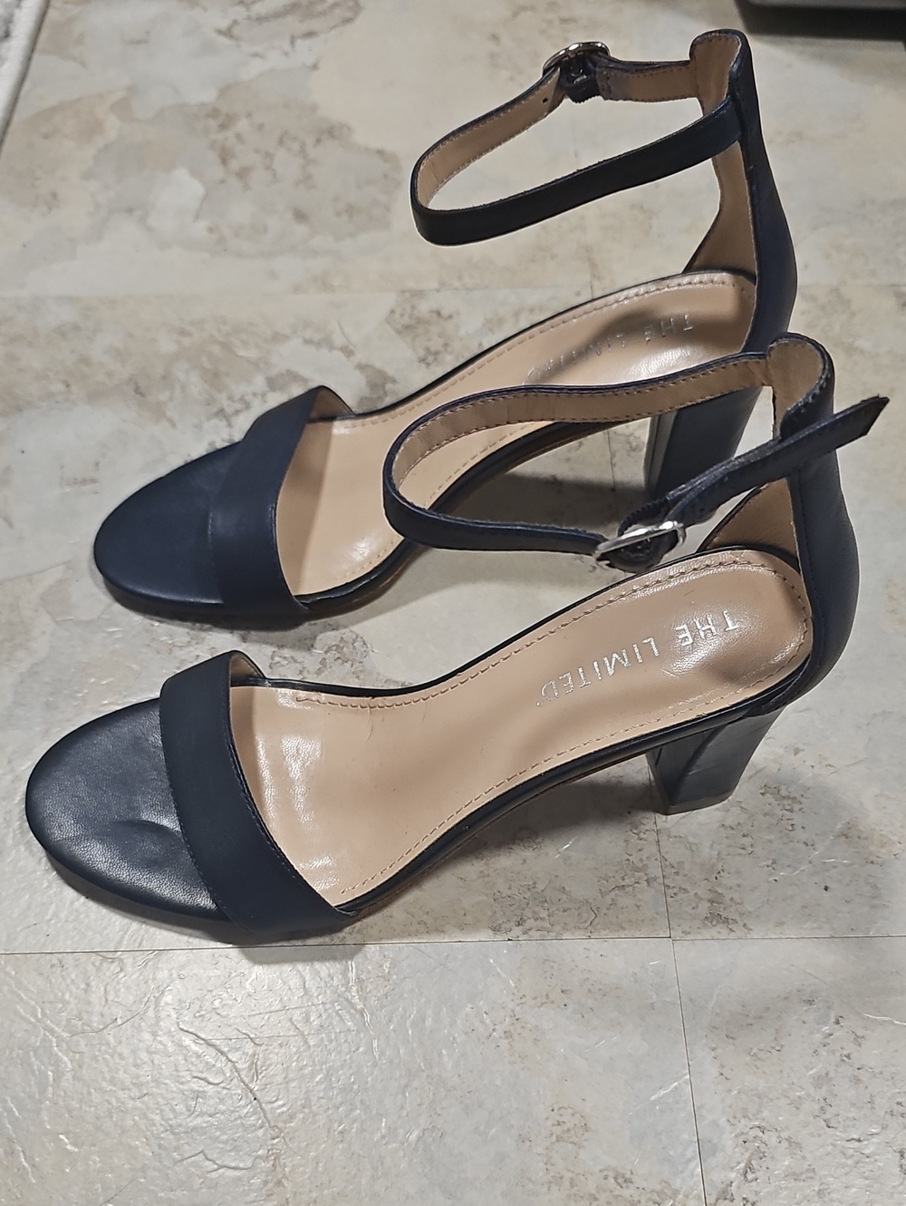 The Limited Navy Blue LEATHER Ankle-Strap Block Heels, 9